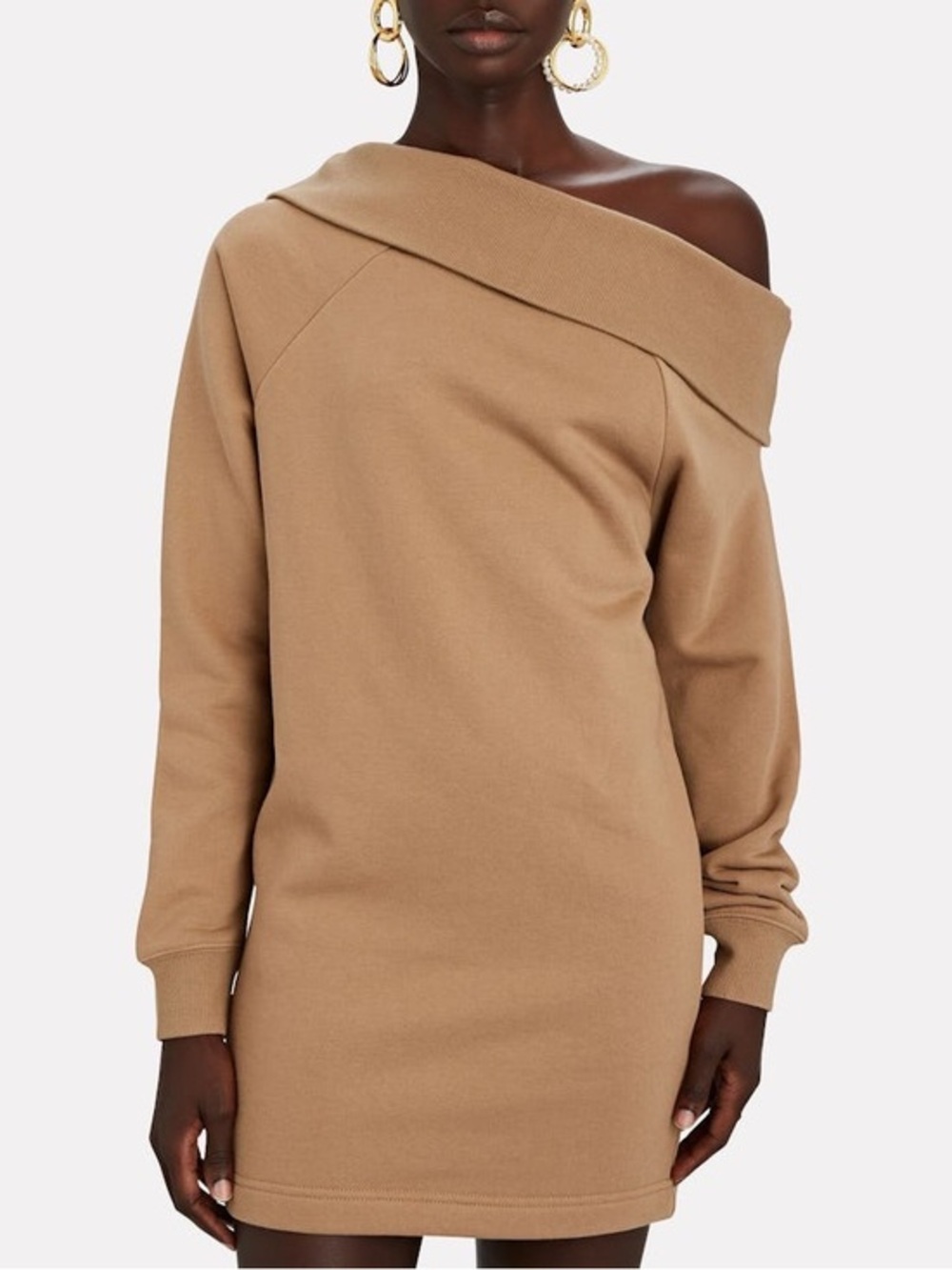 Marissa Webb Cotton One Shoulder Mini Sweatshirt Dress in Camel Size M